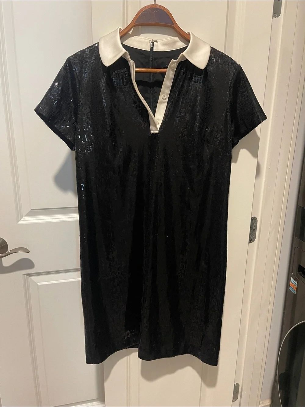 Black Sequin Polo Dress with Cream Collar Detachable now